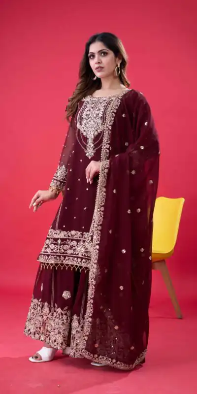 SR 1688 Maroon Faux Georgette with Lace Work & Embroidery Work. Salwar Suit Introductory Price ₹1949. Delivery 4-6 Working Days. Shop now. | Jump Suits, Salwar suit, Designer Suits, Casual Suits, Creative suits, Palazzo Suits, Party Wear Suits, Patiala Suits, Straight Suits