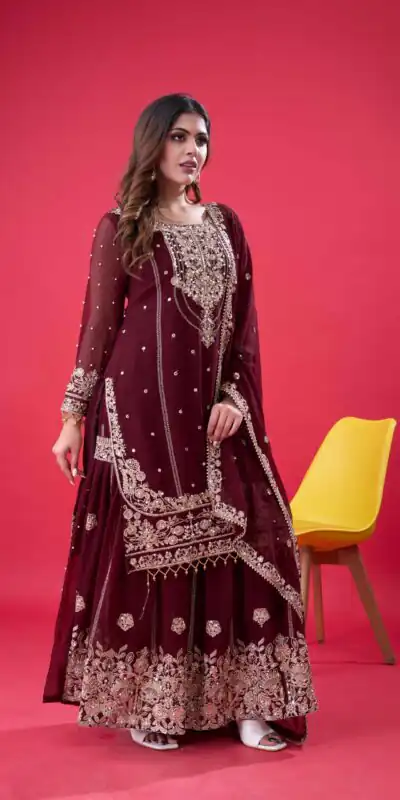 SR 1688 Maroon Faux Georgette with Lace Work & Embroidery Work. Salwar Suit Introductory Price ₹1949. Delivery 4-6 Working Days. Shop now. | Jump Suits, Salwar suit, Designer Suits, Casual Suits, Creative suits, Palazzo Suits, Party Wear Suits, Patiala Suits, Straight Suits