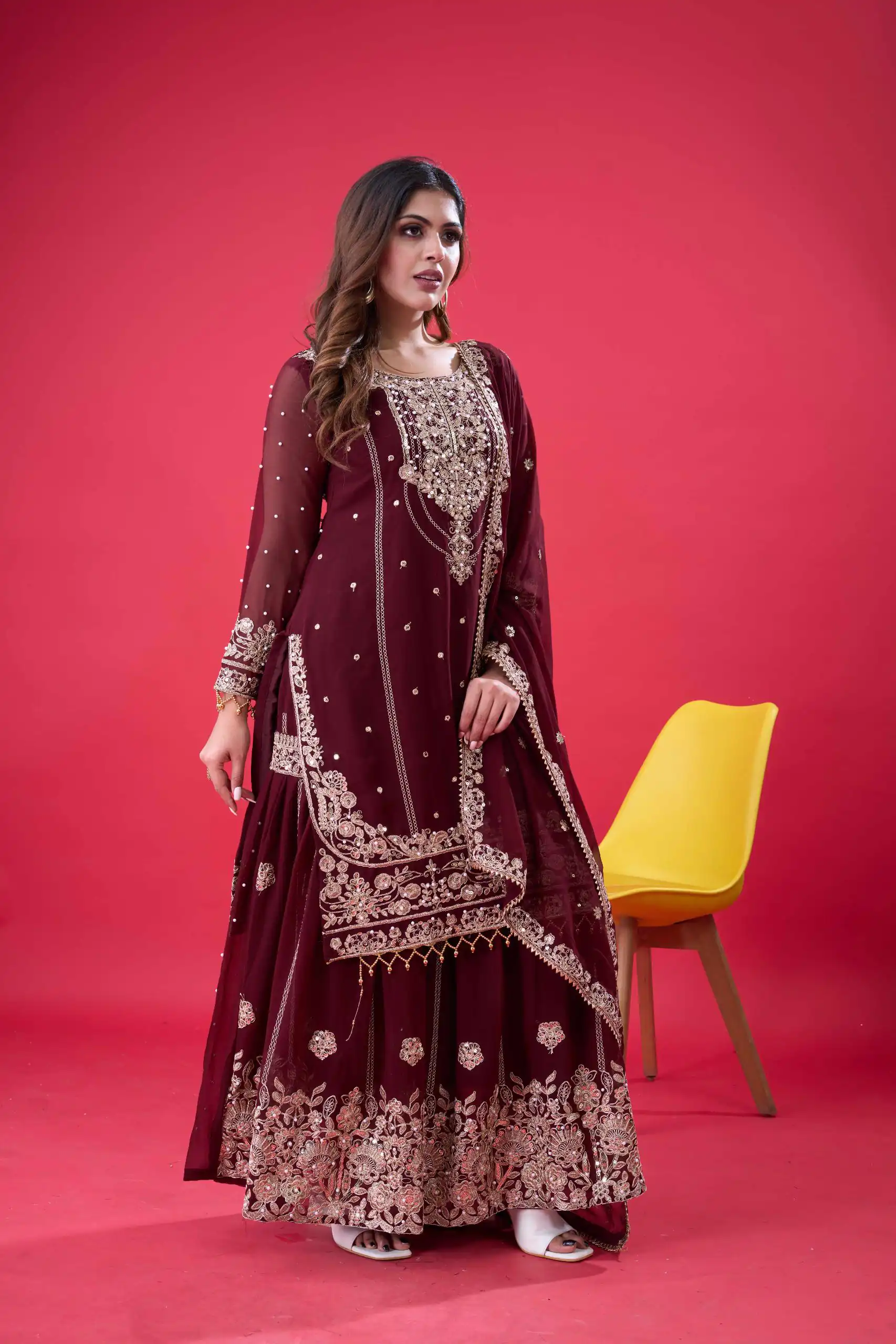 SR 1688 Maroon Faux Georgette with Lace Work & Embroidery Work. Salwar Suit Introductory Price ₹1949. Delivery 4-6 Working Days. Shop now. | Jump Suits, Salwar suit, Designer Suits, Casual Suits, Creative suits, Palazzo Suits, Party Wear Suits, Patiala Suits, Straight Suits