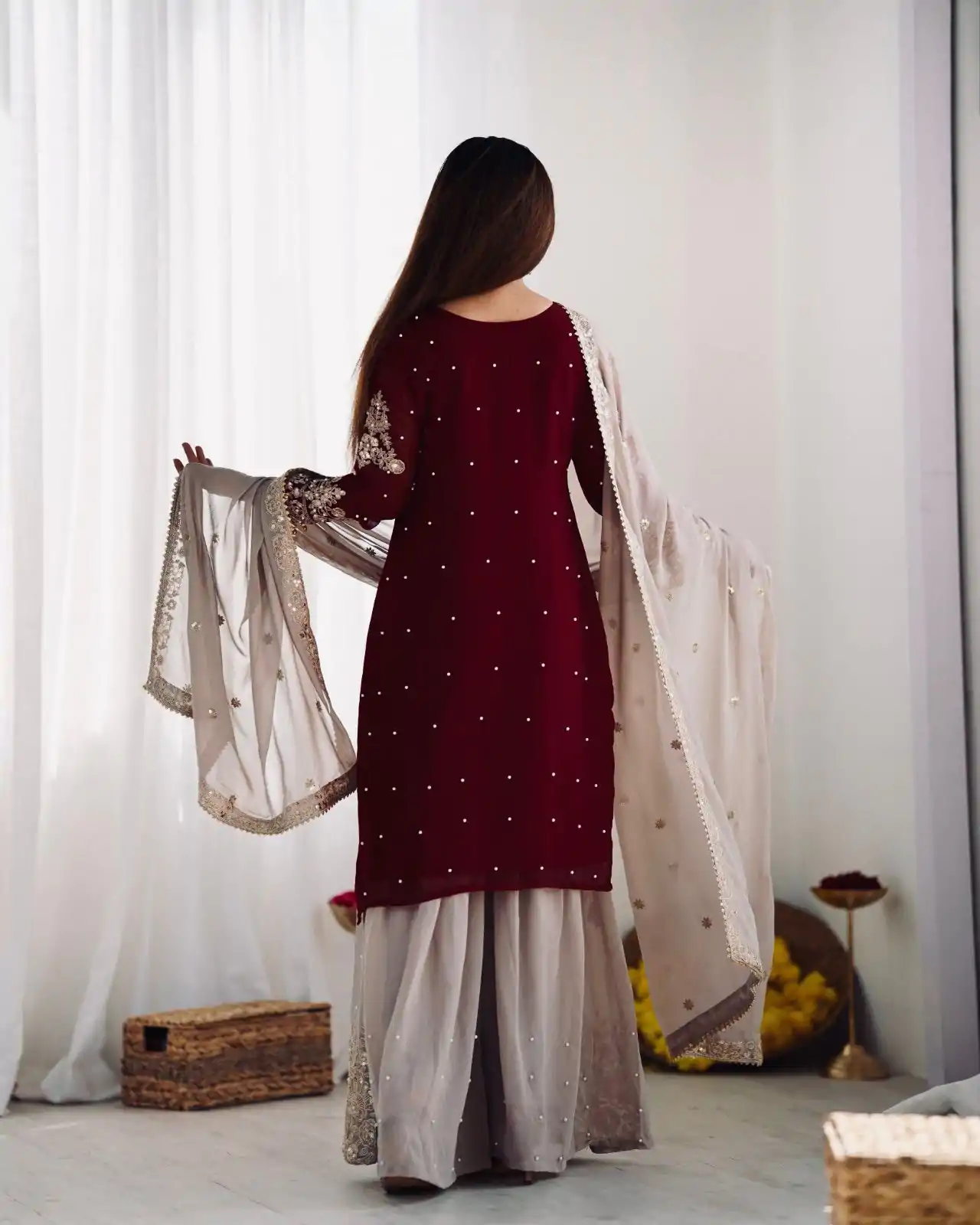 SR 1676 Maroon Heavy Faux Georgette With Heavy Embroidery Perfect for Wedding, Party, Ethnic Day, Reception, Diwali 4-6 Working Days At 2049/- Only | Jump Suits, Salwar suit, Designer Suits, Casual Suits, Creative suits, Palazzo Suits, Party Wear Suits, Patiala Suits, Straight Suits