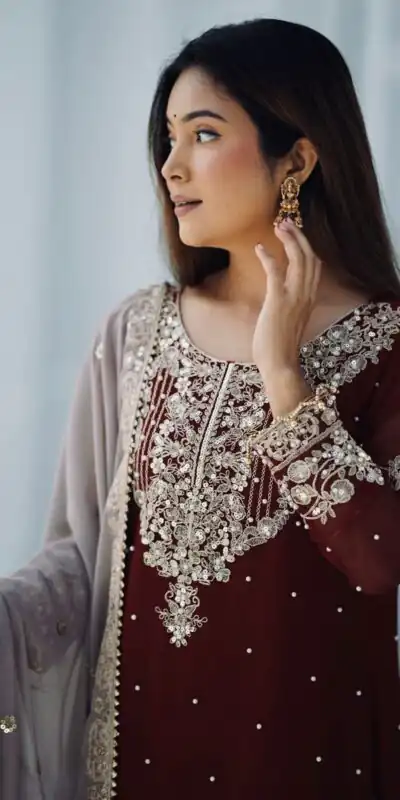 SR 1676 Maroon Heavy Faux Georgette With Heavy Embroidery Perfect for Wedding, Party, Ethnic Day, Reception, Diwali 4-6 Working Days At 2049/- Only | Jump Suits, Salwar suit, Designer Suits, Casual Suits, Creative suits, Palazzo Suits, Party Wear Suits, Patiala Suits, Straight Suits