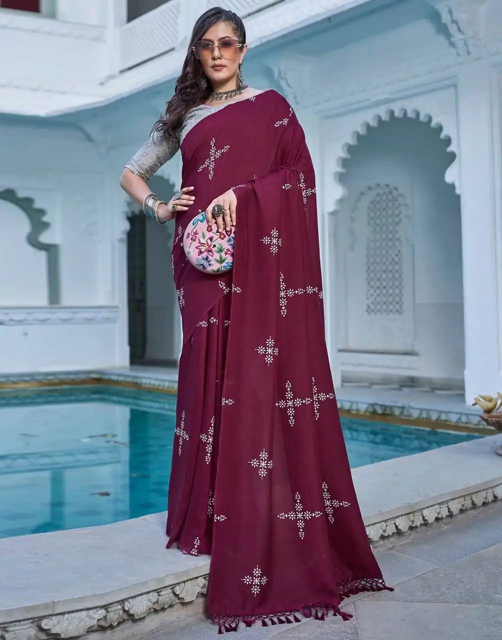BT 1104 Maroon Natural silk with Thread Embroidery & Embroidery Work Saree . Now at just ₹1549. Delivery 4-6 Working Days. Shop now. | Sarees, Bollywood Sarees, Creative Sarees, Designer Sarees, Embroidered Sarees, Ethnic Saree, Modern Digital sarees, Party Wear Sarees