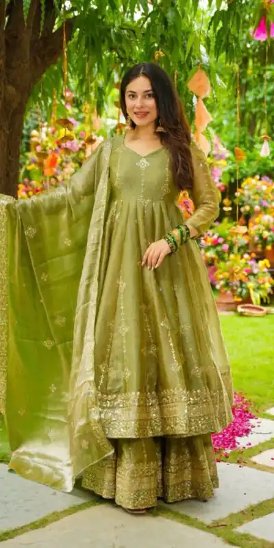 Mehandi Crunchy Silk With Embroidery Salwar Suit