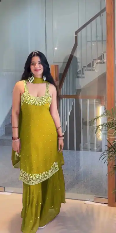 Mehandi Faux Georgette With Lace Work Salwar Suit