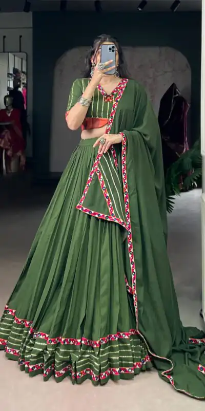 LNB 1659 Mehendi Color Pure Rayon With Mirror Work & Gamthi Work. Lehenga Choli Price ₹4199.Introductory Delivery 4-6 Working Days. Shop now. | Lehenga, Bollywood Lehenga, Creative Lehenga, Designer Lehenga, Embroidered Lehenga, Party Wear Lehenga