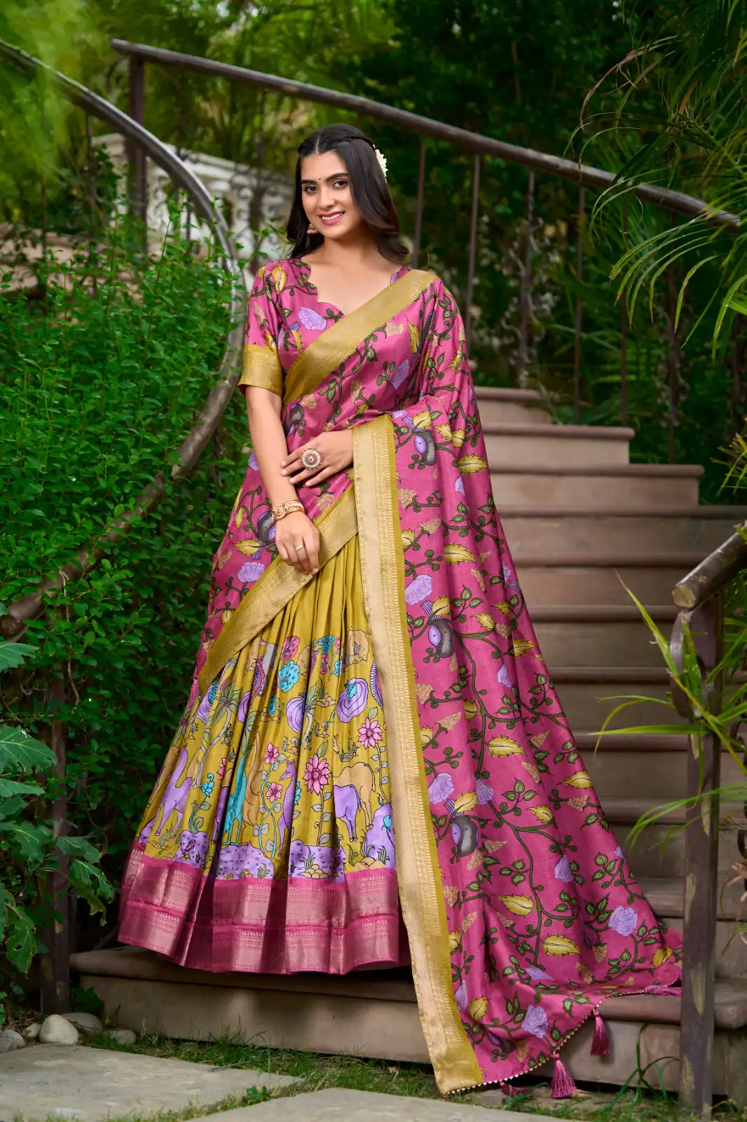 LNB 1222 Mustard Dola Silk With Kalamkari Print & Zari Work Lehenga Choli . Grab it for ₹1899. Delivery 4-6 Working Days. Shop now. | Lehenga, Bollywood Lehenga, Creative Lehenga, Designer Lehenga, Embroidered Lehenga, Party Wear Lehenga
