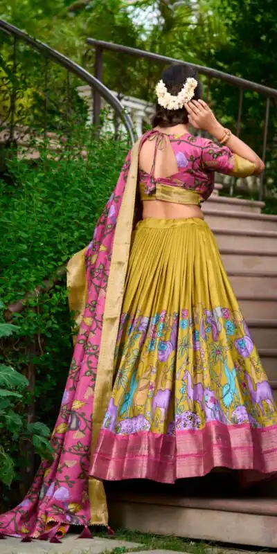 LNB 1222 Mustard Dola Silk With Kalamkari Print & Zari Work Lehenga Choli . Grab it for ₹1899. Delivery 4-6 Working Days. Shop now. | Lehenga, Bollywood Lehenga, Creative Lehenga, Designer Lehenga, Embroidered Lehenga, Party Wear Lehenga
