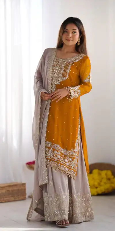 SR 1676 Mustard Heavy Faux Georgette With Heavy Embroidery Perfect for Wedding, Party, Ethnic Day, Reception, Diwali 4-6 Working Days At 2049/- Only | Jump Suits, Salwar suit, Designer Suits, Casual Suits, Creative suits, Palazzo Suits, Party Wear Suits, Patiala Suits, Straight Suits