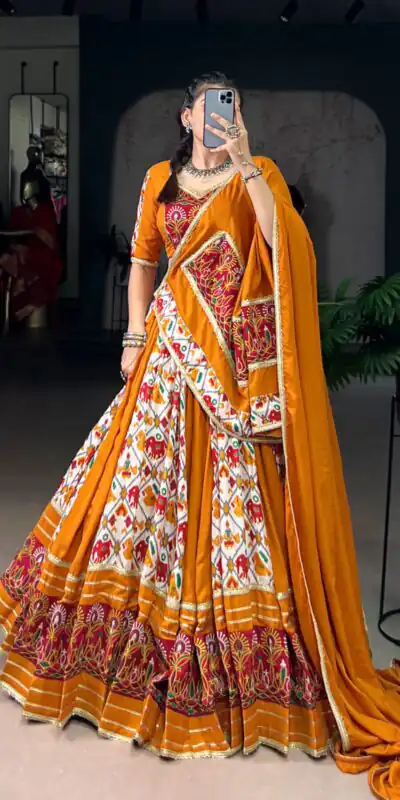 LNB 1685 Mustard Color Tussar Silk Patola Foil Printed Lehenga Choli Festive, Wedding, Party, Events Expected Etc. Delivery 4-6 Working Days @2199/- | Lehenga, Bollywood Lehenga, Creative Lehenga, Designer Lehenga, Embroidered Lehenga, Party Wear Lehenga