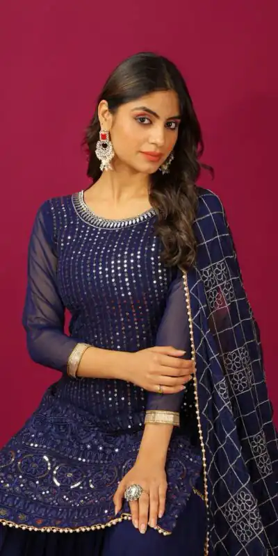 SR 1671 Navy Blue Georgette Salwar Suit Perfect for Wedding, Party, Cultural Events, Temple Visit, Lohri Now at just ₹1799. Delivery 4-6 Working Days. | Jump Suits, Tops & Bottoms, Track Suits, Trendy Wear, Salwar suit, Designer Suits, Casual Suits, Creative suits, Palazzo Suits, Party Wear Suits, Patiala Suits, Straight Suits