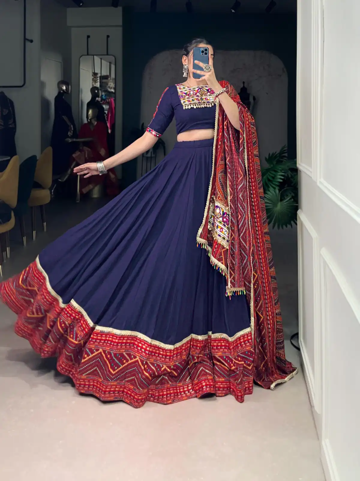 LNB 1661 Navy Blue Pure Rayon Mirror Work & Gamthi Work Lehenga Choli in . Affordable Price ₹4199. Delivery 4-6 Working Days. Shop now. | Lehenga, Bollywood Lehenga, Creative Lehenga, Designer Lehenga, Embroidered Lehenga, Party Wear Lehenga