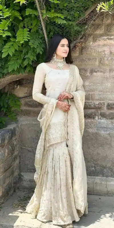 SRK 5172 Off White Chinnon Silk With Heavy Embroidery Sequence Work And Full Sleeve Salwar Suit Wedding, Party, Festive, Events, 4-6 Working Days At 2049 | Jump Suits, Tops & Bottoms, Track Suits, Trendy Wear, Salwar suit, Designer Suits, Casual Suits, Creative suits, Palazzo Suits, Party Wear Suits, Patiala Suits, Straight Suits