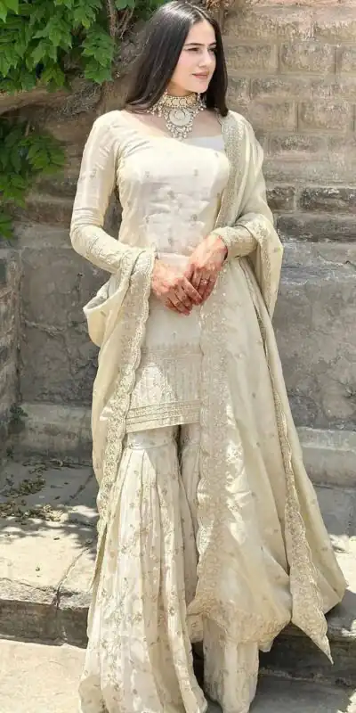 SRK 5172 Off White Chinnon Silk With Heavy Embroidery Sequence Work And Full Sleeve Salwar Suit Wedding, Party, Festive, Events, 4-6 Working Days At 2049 | Jump Suits, Tops & Bottoms, Track Suits, Trendy Wear, Salwar suit, Designer Suits, Casual Suits, Creative suits, Palazzo Suits, Party Wear Suits, Patiala Suits, Straight Suits