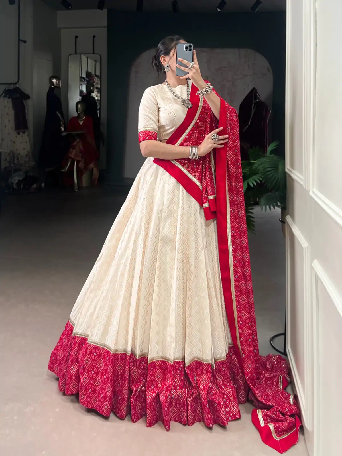 LNB 1669 Off White Cotton Sequins Work & Bandhej Print Lehenga Choli in . Best Price ₹3099. Delivery 4-6 Working Days. Shop now. | Lehenga, Bollywood Lehenga, Creative Lehenga, Designer Lehenga, Embroidered Lehenga, Party Wear Lehenga