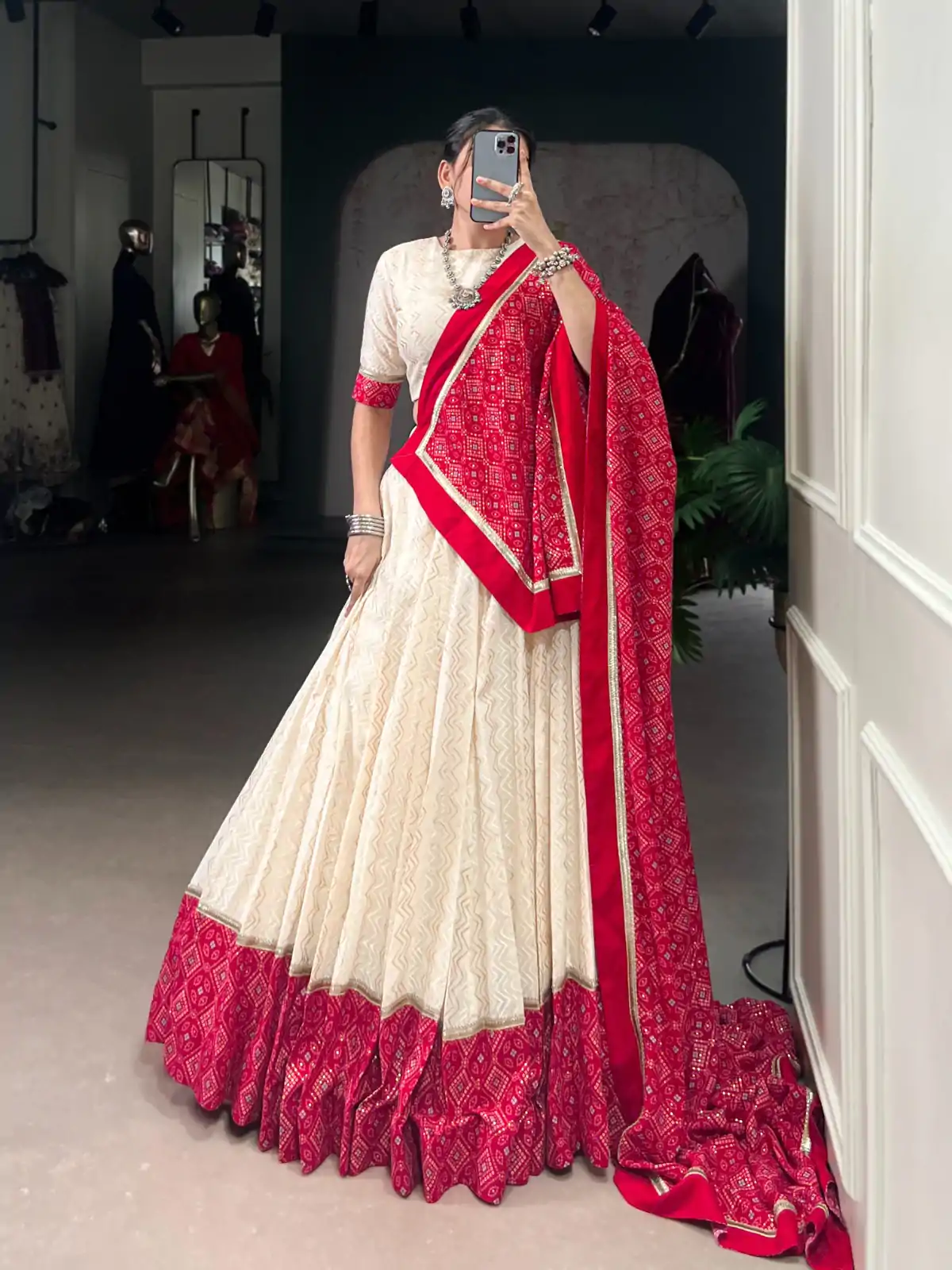 LNB 1669 Off White Cotton Sequins Work & Bandhej Print Lehenga Choli in . Best Price ₹3099. Delivery 4-6 Working Days. Shop now. | Lehenga, Bollywood Lehenga, Creative Lehenga, Designer Lehenga, Embroidered Lehenga, Party Wear Lehenga