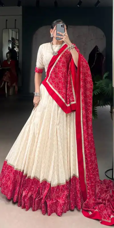 LNB 1669 Off White Cotton Sequins Work & Bandhej Print Lehenga Choli in . Best Price ₹3099. Delivery 4-6 Working Days. Shop now. | Lehenga, Bollywood Lehenga, Creative Lehenga, Designer Lehenga, Embroidered Lehenga, Party Wear Lehenga