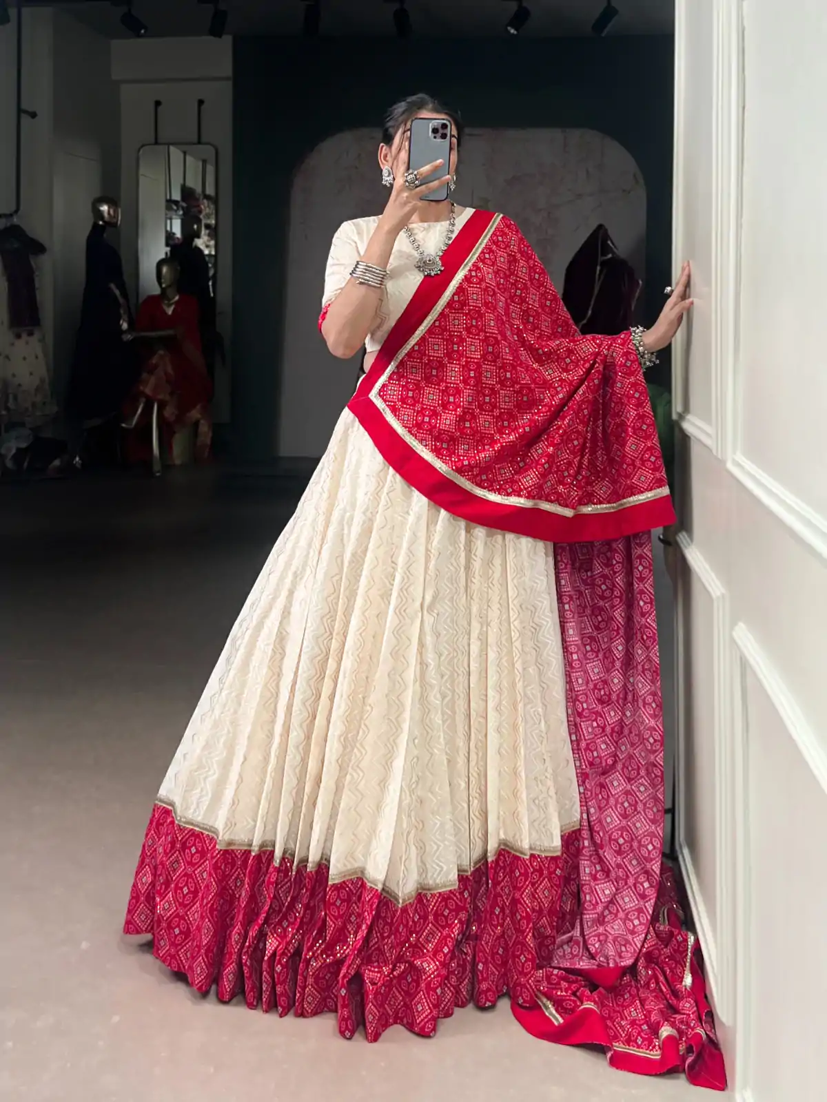 LNB 1669 Off White Cotton Sequins Work & Bandhej Print Lehenga Choli in . Best Price ₹3099. Delivery 4-6 Working Days. Shop now. | Lehenga, Bollywood Lehenga, Creative Lehenga, Designer Lehenga, Embroidered Lehenga, Party Wear Lehenga