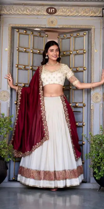 LNB 2049 Off White in Vichitra Silk Embroidery Work & Zari Work Lehenga Choli . Now at just ₹2999. Delivery 4-6 Working Days. Shop now. | Lehenga, Bollywood Lehenga, Creative Lehenga, Designer Lehenga, Embroidered Lehenga, Party Wear Lehenga