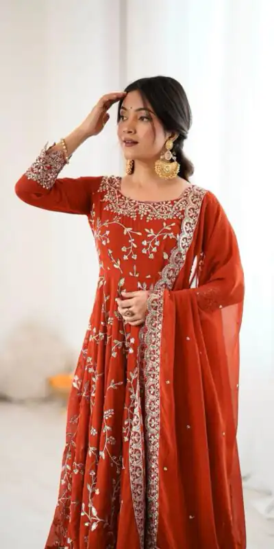 SRK 5299 Orange Georgette With Sequence Work Perfect for Wedding, Party, Lohri, Temple Visit, Ganesh Chaturthi Festive, Events, 4-6 Working Days At 2149 | Gowns, Bollywood Gowns, Creative Gowns, Designer Gowns, Embroidered Gowns, Party Wear Gowns