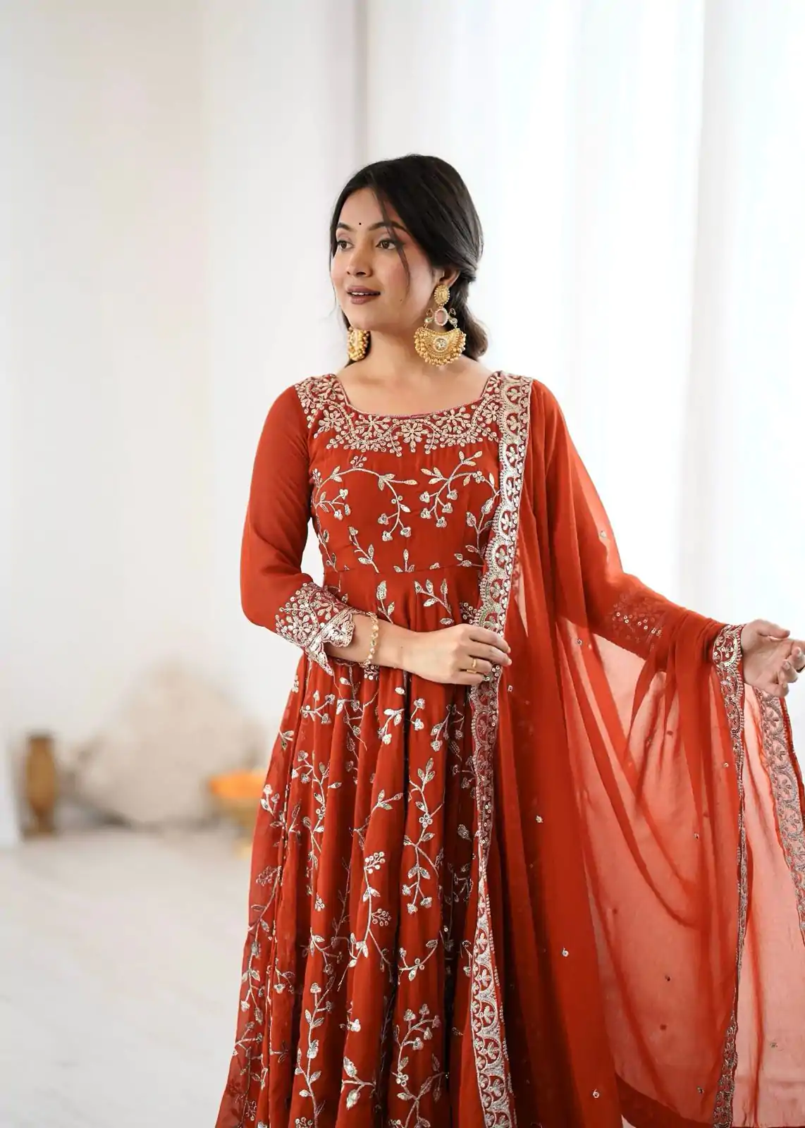 SRK 5299 Orange Georgette With Sequence Work Perfect for Wedding, Party, Lohri, Temple Visit, Ganesh Chaturthi Festive, Events, 4-6 Working Days At 2149 | Gowns, Bollywood Gowns, Creative Gowns, Designer Gowns, Embroidered Gowns, Party Wear Gowns