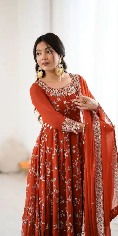 SRK 5299 Orange Georgette With Sequence Work Perfect for Wedding, Party, Lohri, Temple Visit, Ganesh Chaturthi Festive, Events, 4-6 Working Days At 2149 | Gowns, Bollywood Gowns, Creative Gowns, Designer Gowns, Embroidered Gowns, Party Wear Gowns