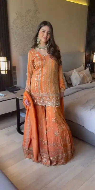 Orange Faux Georgette With Lace Work Salwar Suit