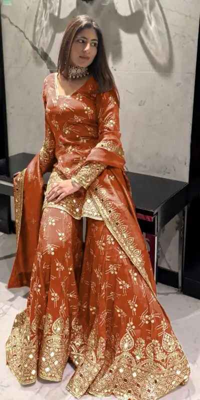 SR 1664 Orange Color Simmer with Embroidery Work Silk Salwar Suit . Wedding, Party, Festive, Events, Best Price ₹2599. Delivery 4-6 Working Days. Shop now. | Jump Suits, Salwar suit, Designer Suits, Casual Suits, Creative suits, Palazzo Suits, Party Wear Suits, Patiala Suits, Straight Suits