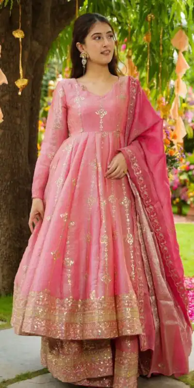 SSR 526 Peach Crunchy Silk With Heavy Embroidery Sequence Work With Fully Flair Salwar Suit Wedding, Party, Festive, Events, Now at just ₹2399. Delivery 4 | Jump Suits, Tops & Bottoms, Track Suits, Trendy Wear, Salwar suit, Designer Suits, Casual Suits, Creative suits, Palazzo Suits, Party Wear Suits, Patiala Suits, Straight Suits