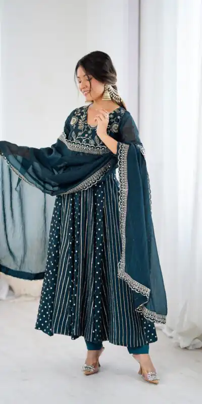 SRK 5293 Peacock Blue With Crunchy Silk With Fully Flair with Lace Work & Embroidery Work Anarkali Gown . Introductory Price ₹2149. Delivery 4-6 Worki | Gowns, Bollywood Gowns, Creative Gowns, Designer Gowns, Embroidered Gowns, Party Wear Gowns