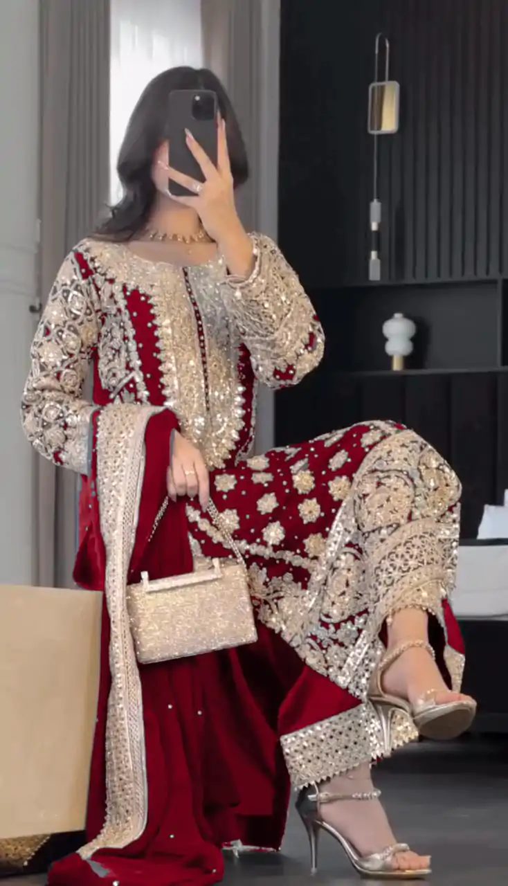 SR 1654 Maroon in Faux Georgette With Heavy Embroidery Sequence Work Wedding, Party, Festive, Events Special 4-6 Working Days At 2599/- Only | Jump Suits, Salwar suit, Designer Suits, Casual Suits, Creative suits, Palazzo Suits, Party Wear Suits, Patiala Suits, Straight Suits