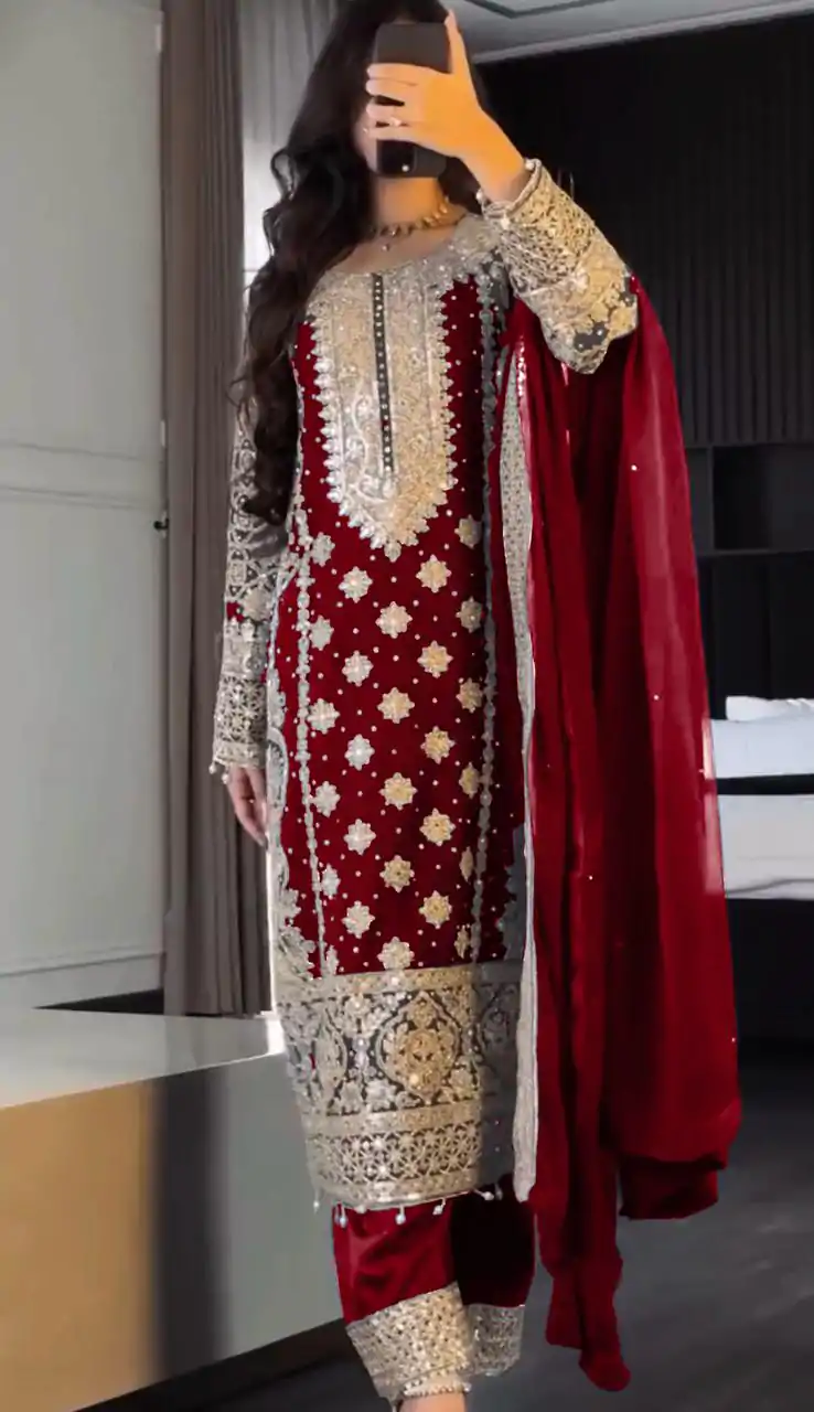 SR 1654 Maroon in Faux Georgette With Heavy Embroidery Sequence Work Wedding, Party, Festive, Events Special 4-6 Working Days At 2599/- Only | Jump Suits, Salwar suit, Designer Suits, Casual Suits, Creative suits, Palazzo Suits, Party Wear Suits, Patiala Suits, Straight Suits