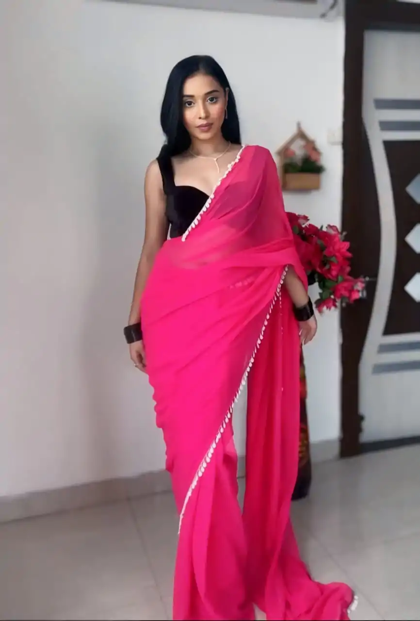 SC 239 Pink Georgette With Lace Work & Lace Border Saree . Wedding, Party, Festive, Events, Exclusive Offer ₹1599. Delivery 4-6 Working Days. Shop now. | Sarees, Bollywood Sarees, Creative Sarees, Designer Sarees, Embroidered Sarees, Ethnic Saree, Modern Digital sarees, Party Wear Sarees