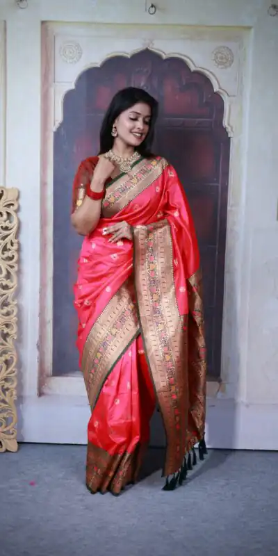 Pink Paithani Ajanta Lotus With Lace Work Saree