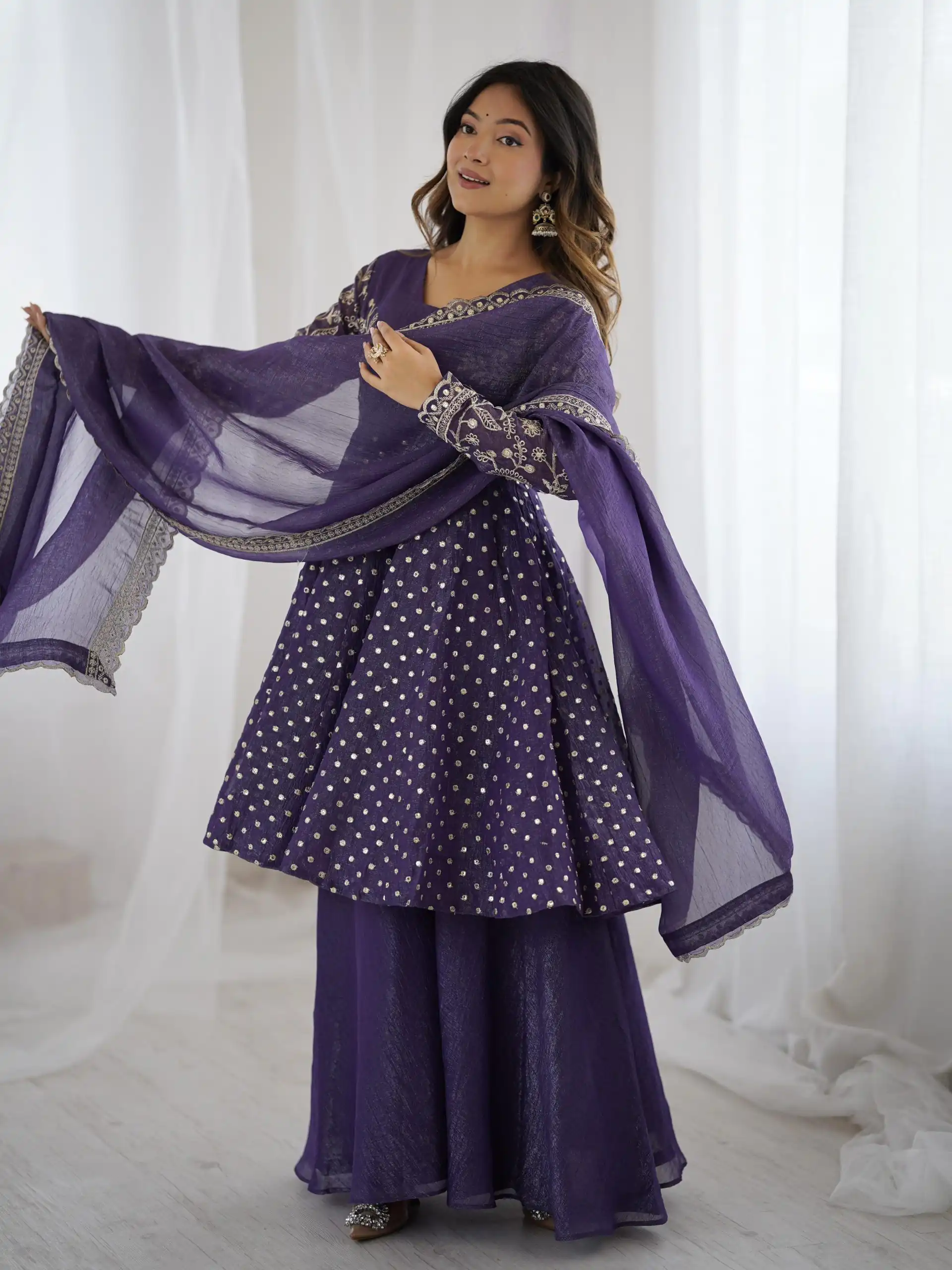 ZSR 3134 Purple Crunchy Silk Salwar Suit Perfect for Wedding, Party, Sangeet, Anniversary, Housewarming Introductory Price ₹2399. Delivery 4-6 | Jump Suits, Salwar suit, Designer Suits, Casual Suits, Creative suits, Palazzo Suits, Party Wear Suits, Patiala Suits, Straight Suits