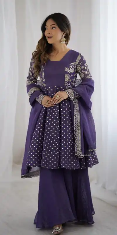 ZSR 3134 Purple Crunchy Silk Salwar Suit Perfect for Wedding, Party, Sangeet, Anniversary, Housewarming Introductory Price ₹2399. Delivery 4-6 | Jump Suits, Salwar suit, Designer Suits, Casual Suits, Creative suits, Palazzo Suits, Party Wear Suits, Patiala Suits, Straight Suits