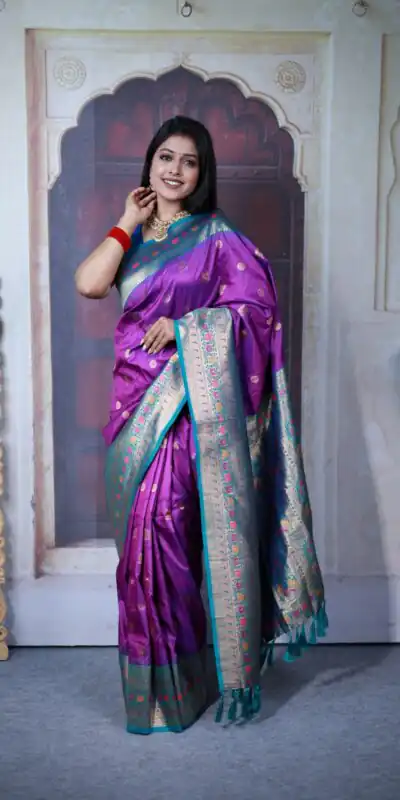 Purple Paithani Ajanta Lotus With Lace Work Saree