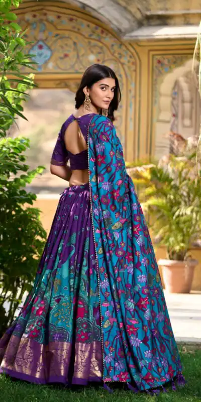 LNB 1219 Purple Tasar Silk With Gotta Patti Work & Kalamkari Print Lehenga Choli . Best Price ₹2449. Delivery 4-6 Working Days. Shop now. | Lehenga, Bollywood Lehenga, Creative Lehenga, Designer Lehenga, Embroidered Lehenga, Party Wear Lehenga