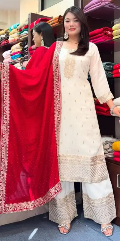 Red Chinnon Silk With Embroidery Work Salwar Suit