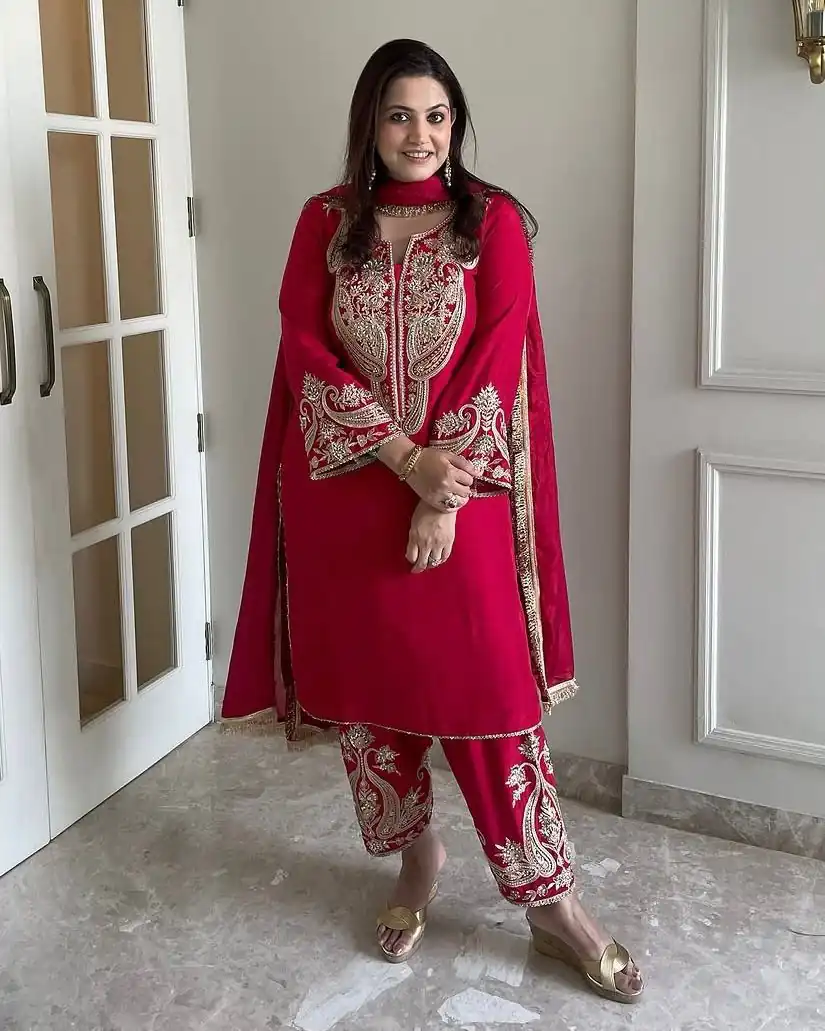 ZSR 3097 Red Pure Chinnon Silk With Embroidery Sequence Work With Full Sleeve Salwar Suit Wedding, Party, Festive, Events Exclusive Offer ₹1899. D | Jump Suits, Tops & Bottoms, Track Suits, Trendy Wear, Salwar suit, Designer Suits, Casual Suits, Creative suits, Palazzo Suits, Party Wear Suits, Patiala Suits, Straight Suits
