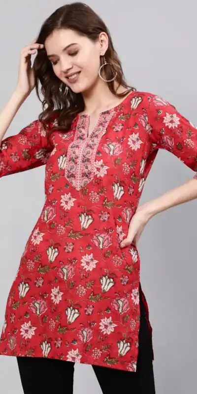 INLI Blush 2.0 Red Cotton Printed Designer Work Kurti in . Wedding, Party, Festive, Events, Special Price ₹1269. Delivery 4-6 Working Days. Shop now. | Kurti, Bollywood Kurti, Creative Kurtis, Designer Kurti, Party Wear Kurti, Selfie Kurti