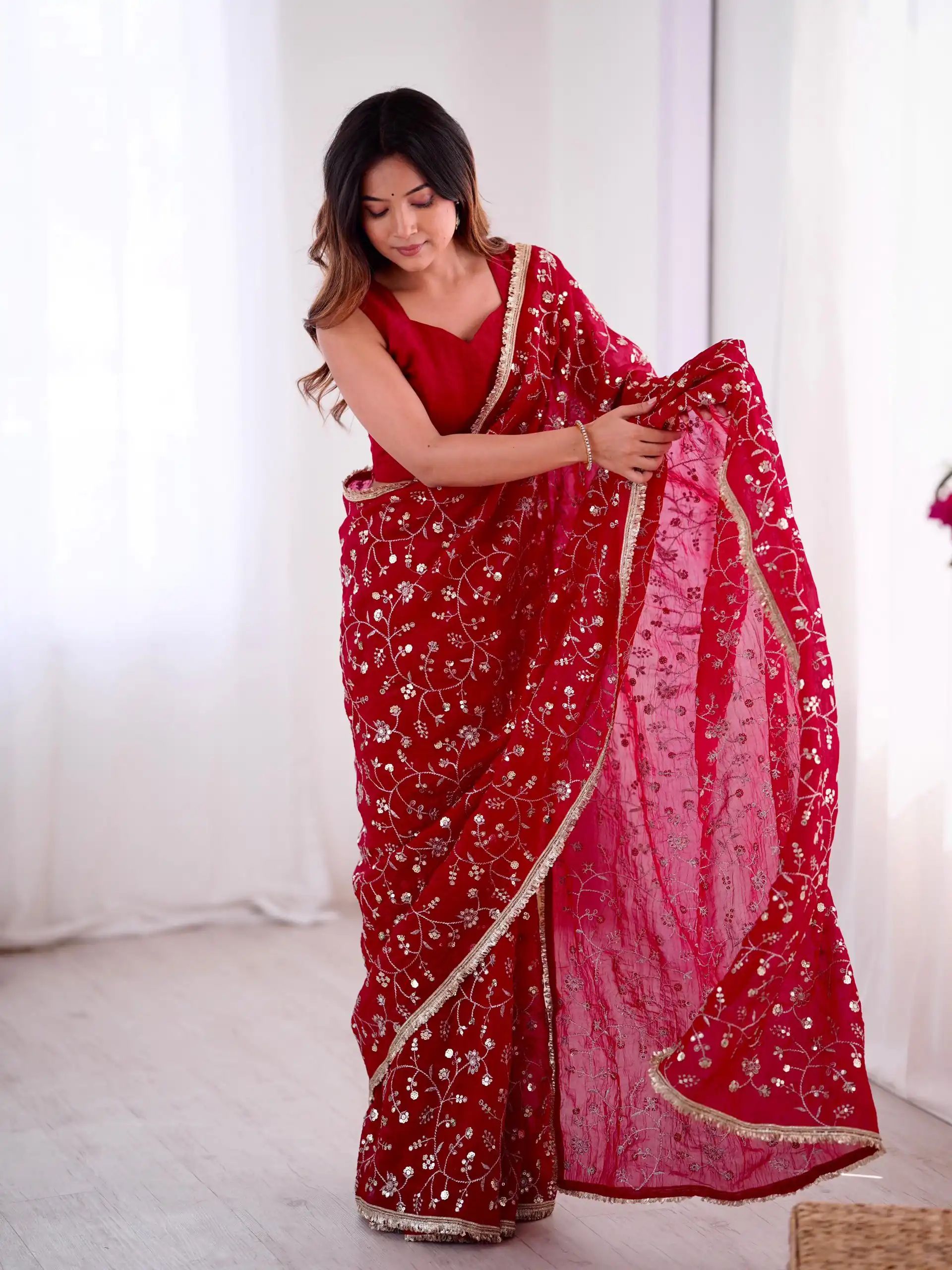 SRK 5296 Red Crunchy Silk Lace Work & Embroidery Work Saree in . Special Price ₹1799. Delivery 4-6 Working Days. Shop now. | Sarees, Bollywood Sarees, Creative Sarees, Designer Sarees, Embroidered Sarees, Ethnic Saree, Modern Digital sarees, Party Wear Sarees