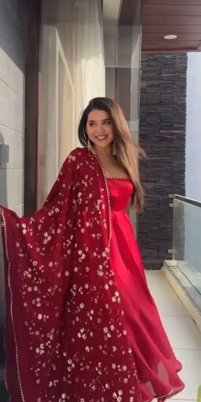 Red Faux Georgette Sequence Salwar Suit