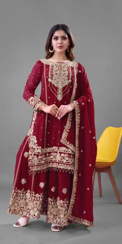 SR 1688 Red Heavy Faux Georgette With Heavy Embroidery Wedding, Party, Festive, Events, Navratri Garba, Reception, Haldi, 4-6 Working Days At 1949 Only | Jump Suits, Salwar suit, Designer Suits, Casual Suits, Creative suits, Palazzo Suits, Party Wear Suits, Patiala Suits, Straight Suits