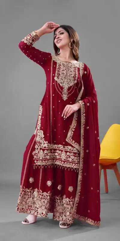 SR 1688 Red Heavy Faux Georgette With Heavy Embroidery Wedding, Party, Festive, Events, Navratri Garba, Reception, Haldi, 4-6 Working Days At 1949 Only | Jump Suits, Salwar suit, Designer Suits, Casual Suits, Creative suits, Palazzo Suits, Party Wear Suits, Patiala Suits, Straight Suits