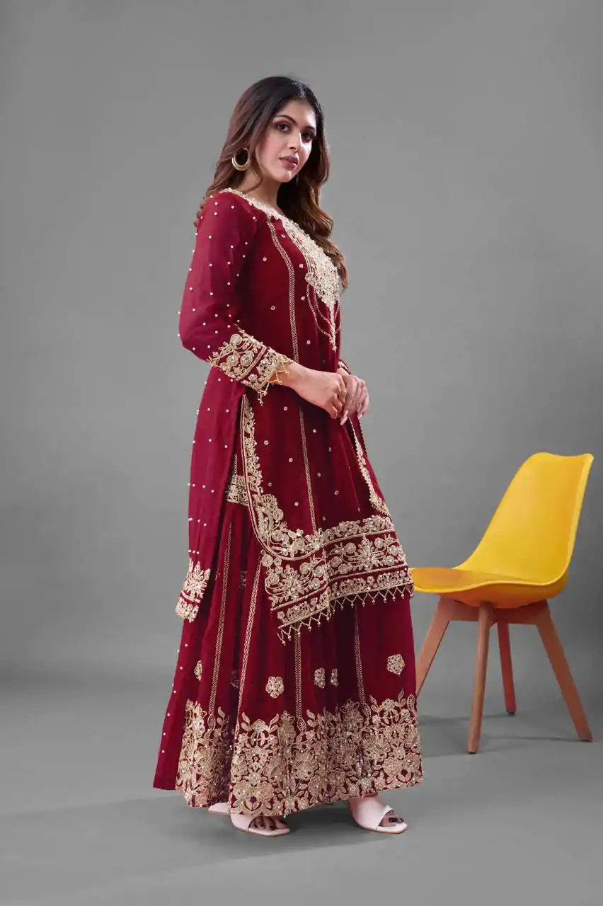 SR 1688 Red Heavy Faux Georgette With Heavy Embroidery Wedding, Party, Festive, Events, Navratri Garba, Reception, Haldi, 4-6 Working Days At 1949 Only | Jump Suits, Salwar suit, Designer Suits, Casual Suits, Creative suits, Palazzo Suits, Party Wear Suits, Patiala Suits, Straight Suits
