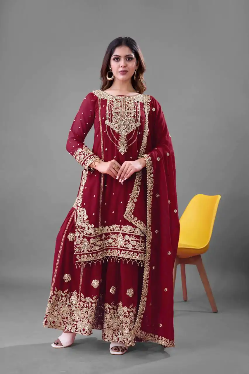 SR 1688 Red Heavy Faux Georgette With Heavy Embroidery Wedding, Party, Festive, Events, Navratri Garba, Reception, Haldi, 4-6 Working Days At 1949 Only | Jump Suits, Salwar suit, Designer Suits, Casual Suits, Creative suits, Palazzo Suits, Party Wear Suits, Patiala Suits, Straight Suits
