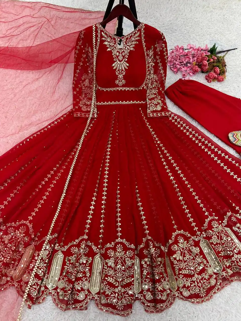 NSR 817 Red in Faux Georgette With Full Heavy Embroidery & Lace Work Gown . Festive Deal ₹1949. Wedding, Party, Festive, Events Delivery 4-6 Days | Gowns, Bollywood Gowns, Creative Gowns, Designer Gowns, Embroidered Gowns, Party Wear Gowns