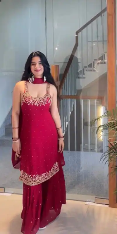 Red Faux Georgette With Lace Work Salwar Suit