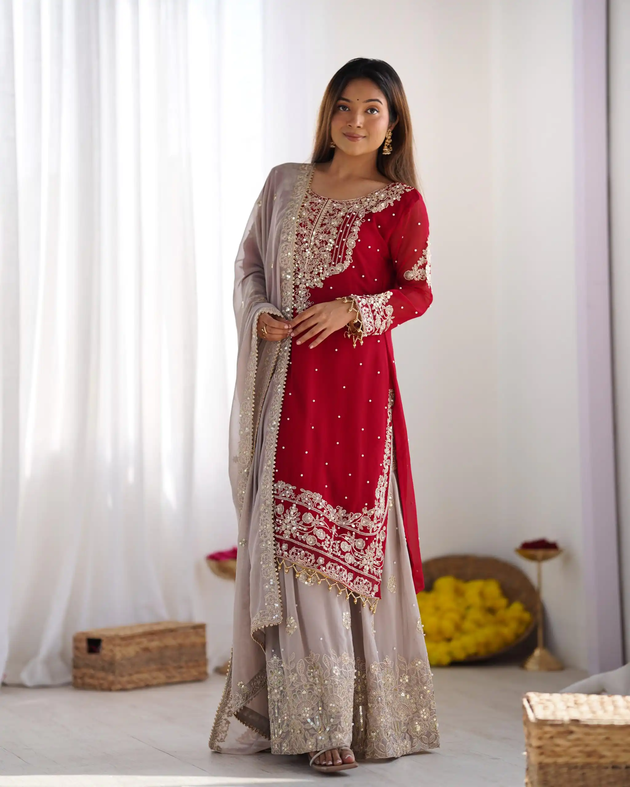 SR 1676 Red Heavy Faux Georgette With Heavy Embroidery Perfect for Wedding, Party, Ethnic Day, Reception, Diwali 4-6 Working Days At 2049/- Only | Jump Suits, Salwar suit, Designer Suits, Casual Suits, Creative suits, Palazzo Suits, Party Wear Suits, Patiala Suits, Straight Suits