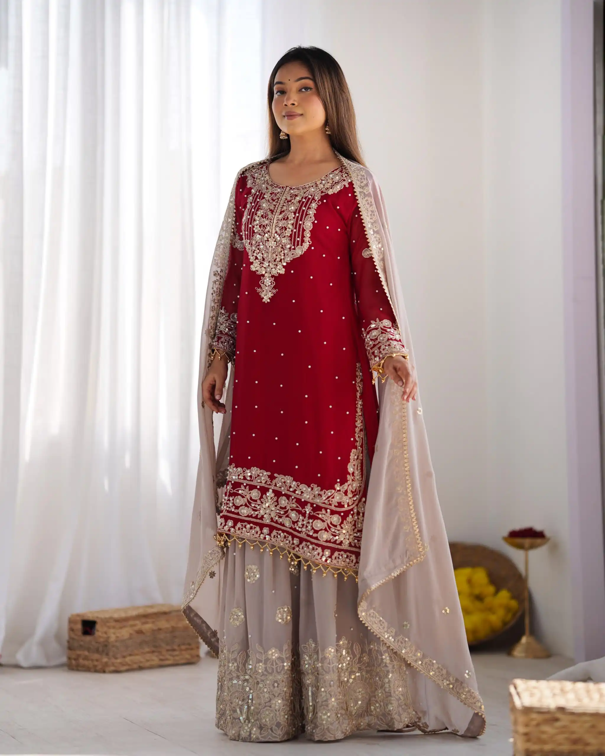 SR 1676 Red Heavy Faux Georgette With Heavy Embroidery Perfect for Wedding, Party, Ethnic Day, Reception, Diwali 4-6 Working Days At 2049/- Only | Jump Suits, Salwar suit, Designer Suits, Casual Suits, Creative suits, Palazzo Suits, Party Wear Suits, Patiala Suits, Straight Suits